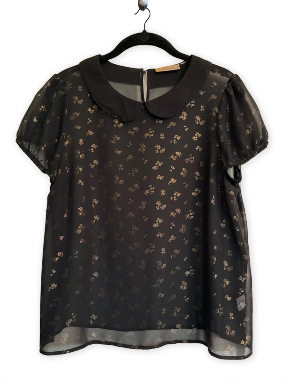 Vera Wang Semi-Sheer Black Blouse with Gold Floral Print and Peter Pan Collar